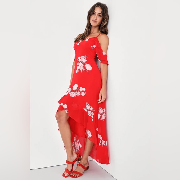 NEW Lulus Love in Bloom Red Floral Print Off-the-Shoulder High-Low Dress Small - Picture 3 of 5